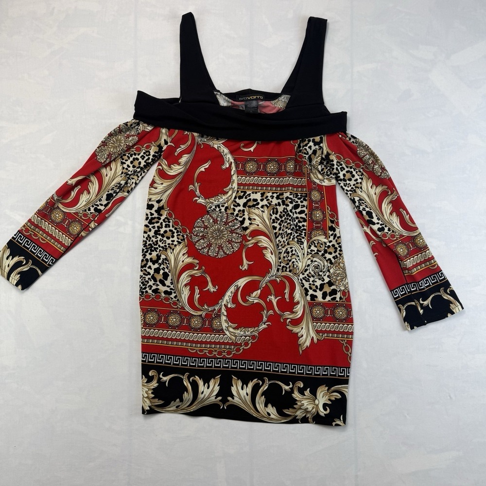 Evo Vorro Baroque Print Cold Shoulder Top L Red Black Gold Stretch